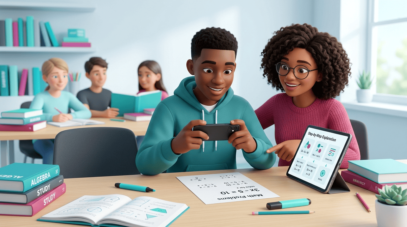 A student photographs a math worksheet while a tutor points to a step-by-step solution on a tablet