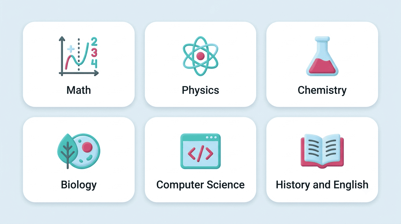 Grid of subjects an AI homework helper covers: math, physics, chemistry, biology, computer science, history and English