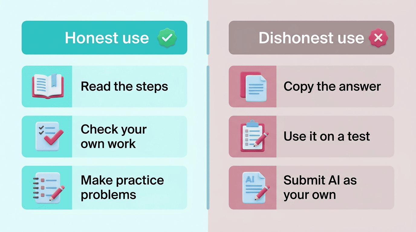 Comparison of honest use (read steps, check your work, make practice) versus dishonest use (copy the answer, use on a test, submit AI as your own)