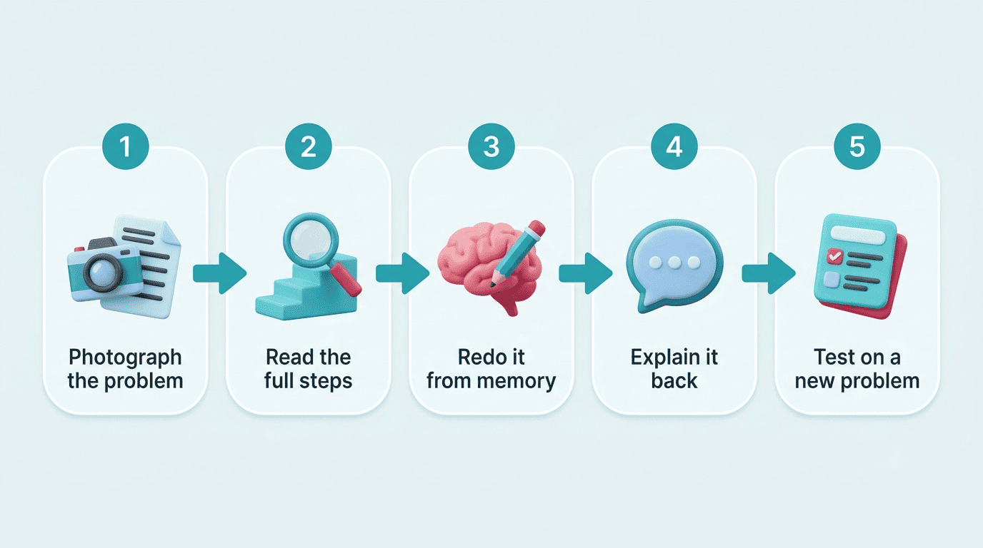 Five-step study loop: photograph the problem, read the full steps, redo it from memory, explain it back, test on a new problem