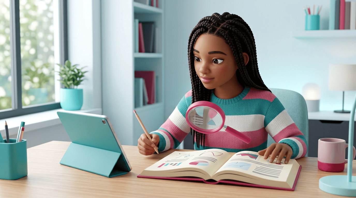 A student cross-checks an AI answer on a tablet against an open printed textbook with a magnifying glass