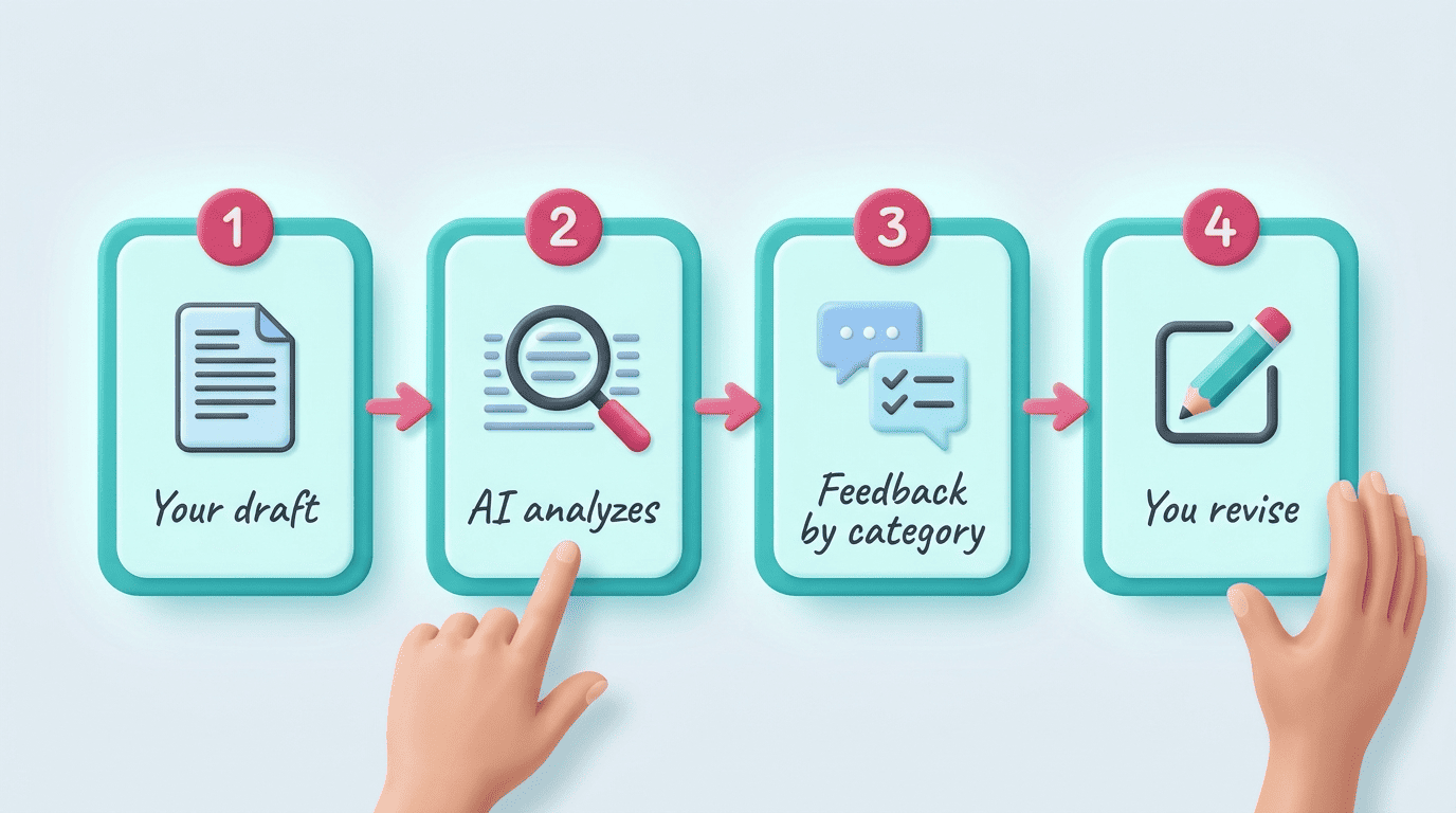 Four-step flow: your draft, AI analyzes, feedback by category, you revise