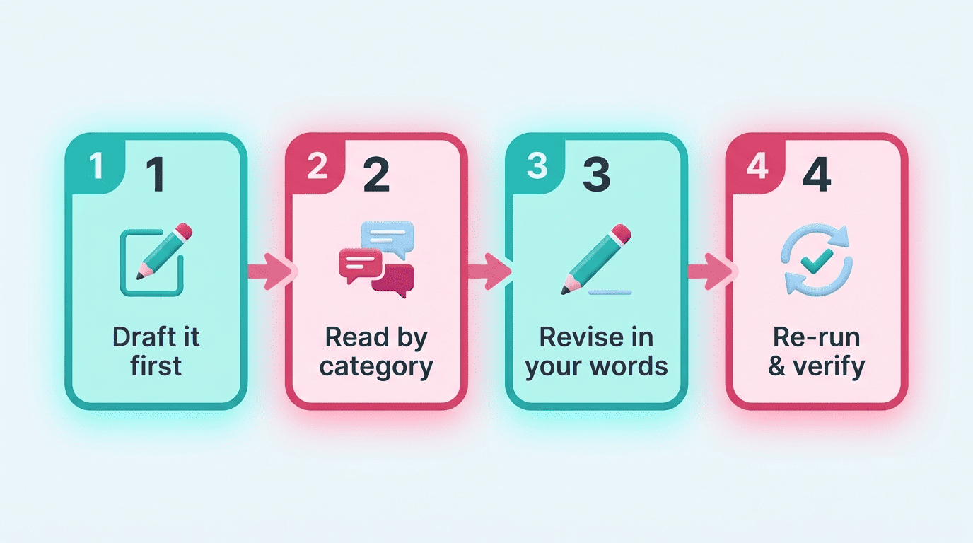 Four-step revision workflow: draft it first, read by category, revise in your words, re-run and verify