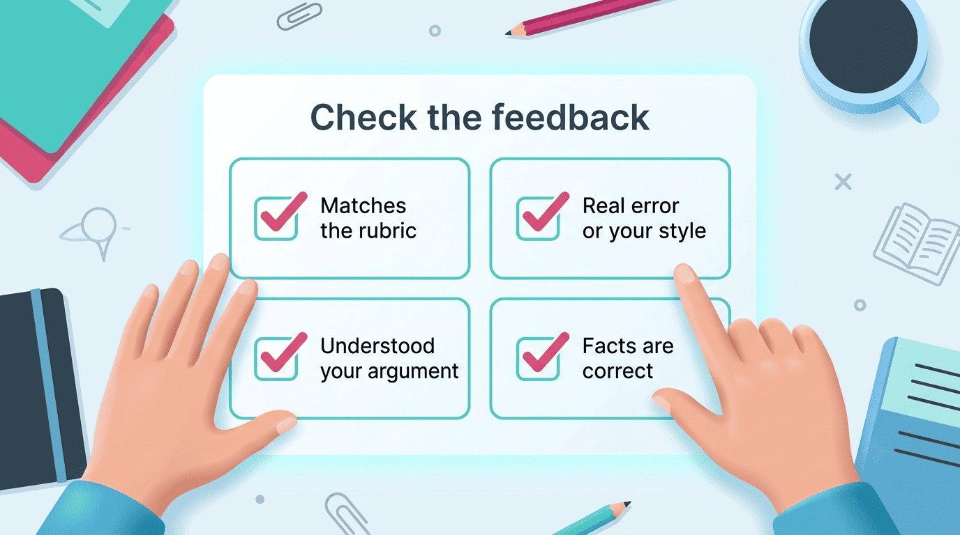 Checklist for vetting AI feedback: matches the rubric, real error or your style, understood your argument, facts are correct