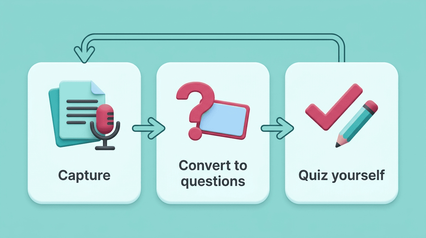 Three-step loop diagram: capture material, convert to questions, quiz yourself, then repeat