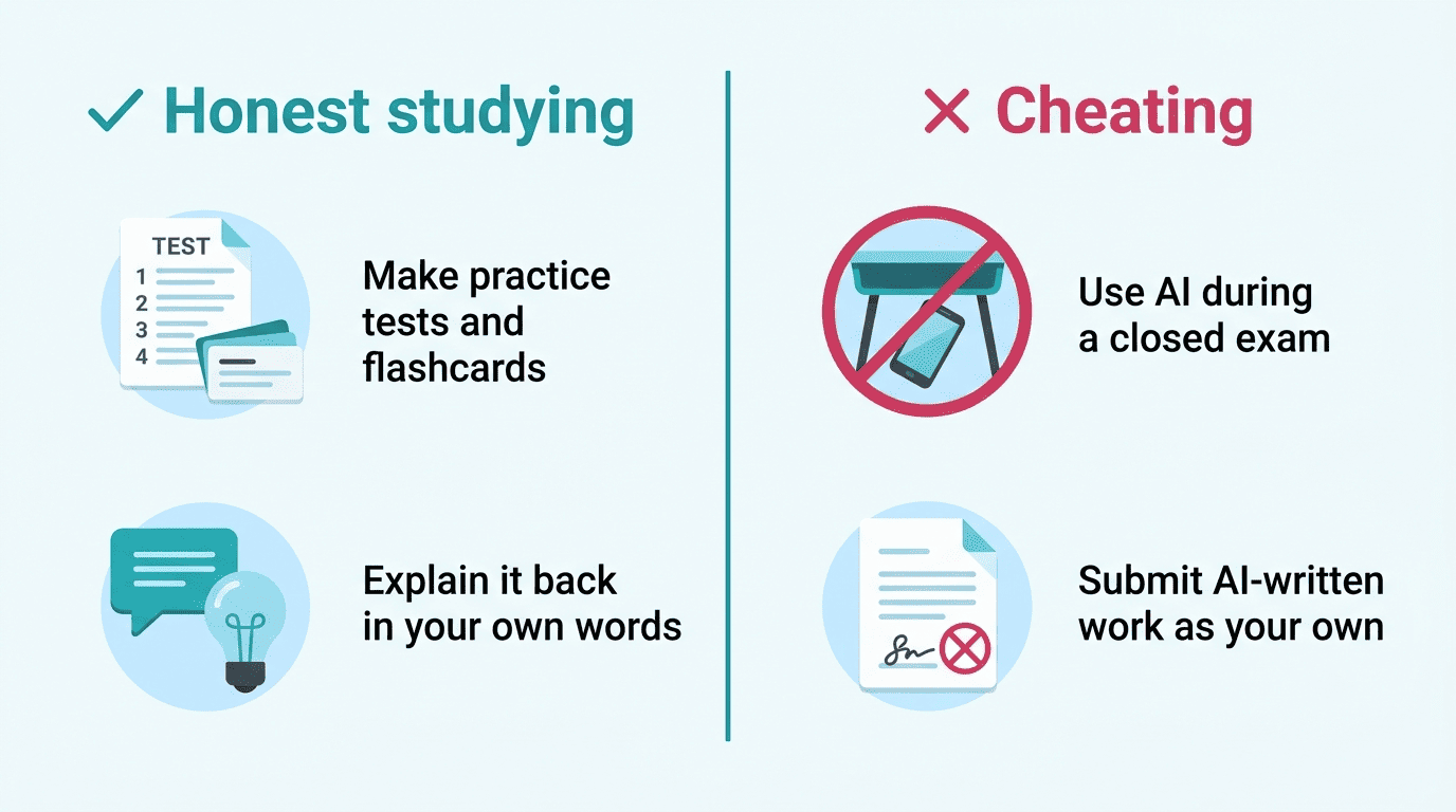 Split screen comparing honest studying with AI versus cheating with AI