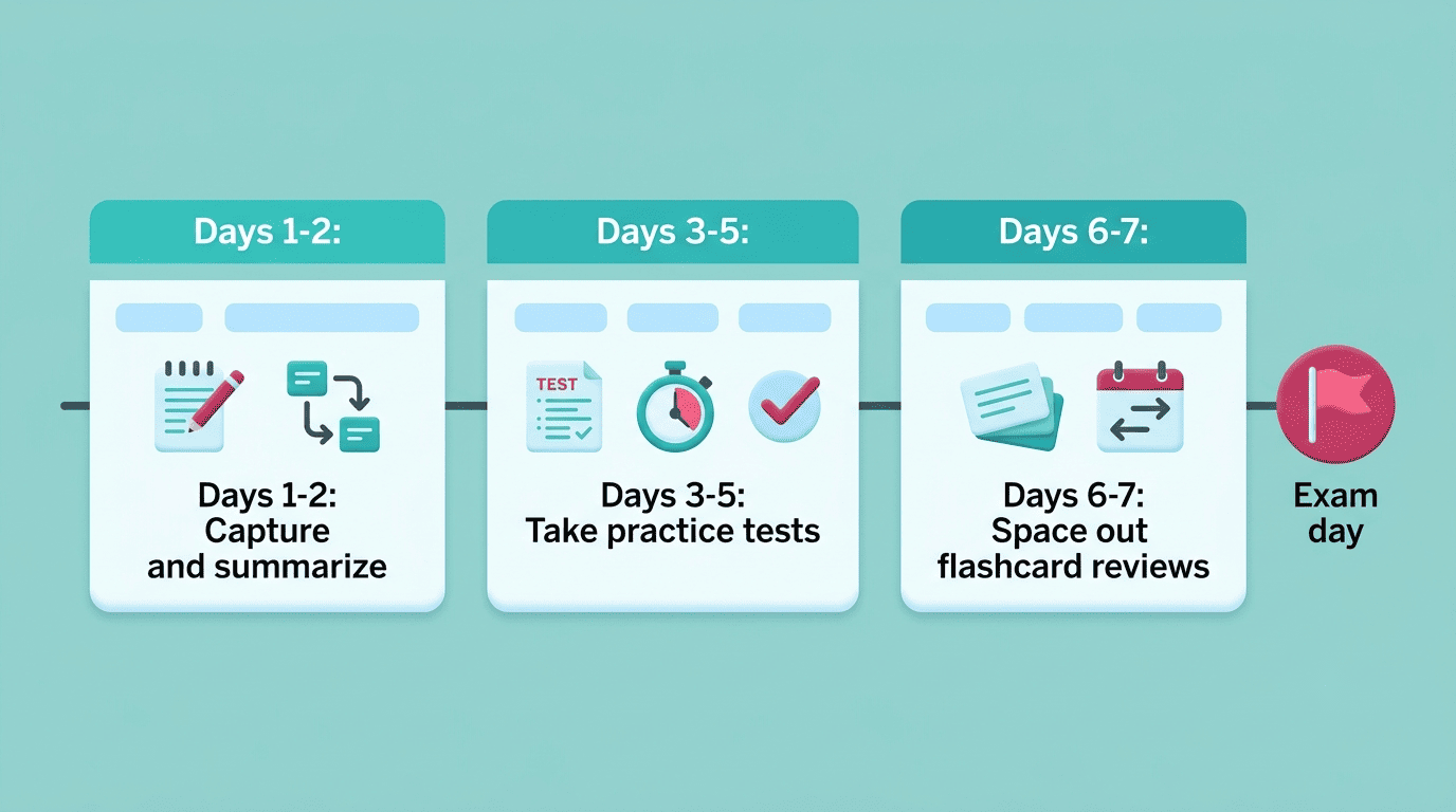 One-week study plan timeline: capture and summarize on days 1-2, take practice tests on days 3-5, space out flashcard reviews on days 6-7, then exam day