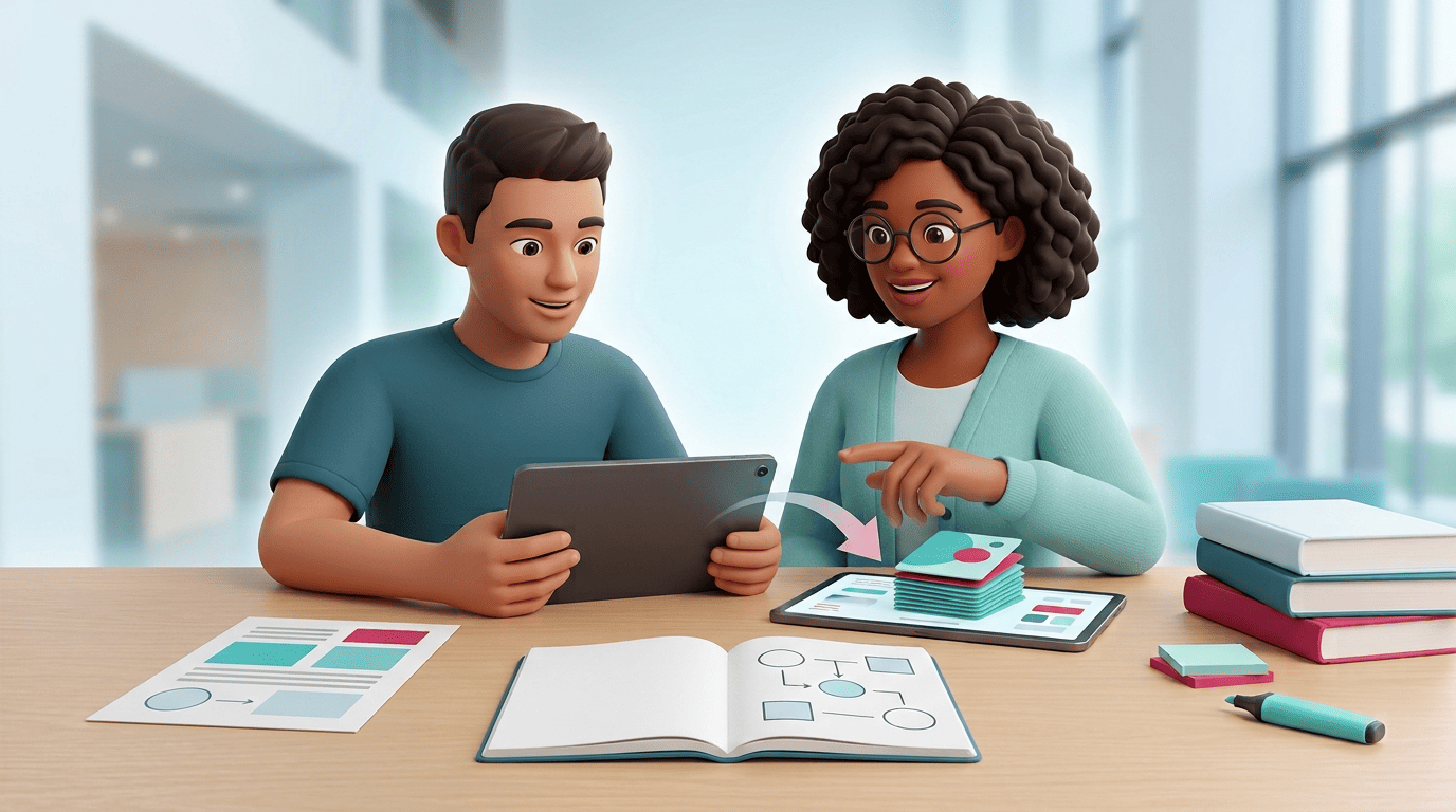 A student and a tutor turning a PDF and notes into a deck of flashcards on a tablet