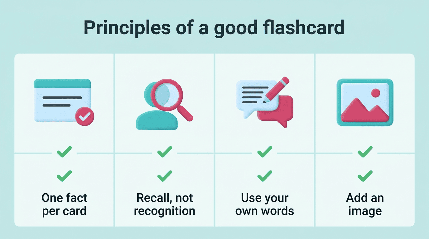 Checklist of four flashcard principles: one fact per card, recall not recognition, use your own words, add an image