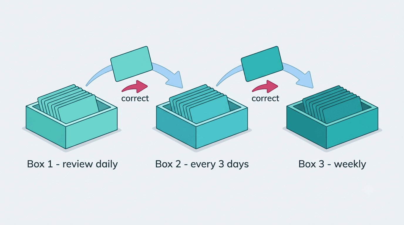 Leitner spaced-repetition boxes: cards move from daily to every-3-days to weekly review when answered correctly