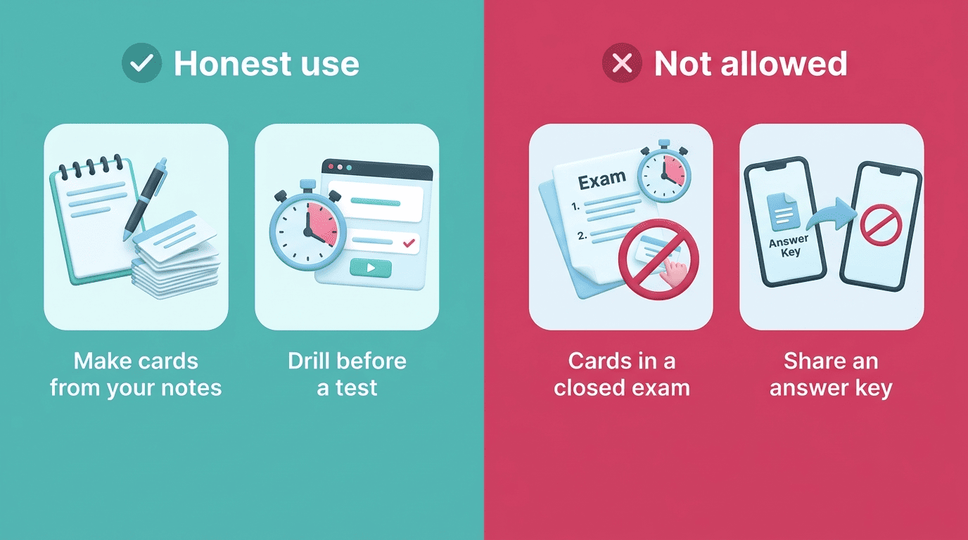 Honest use versus not allowed: making cards from your notes and drilling before a test versus using cards in a closed exam or sharing an answer key