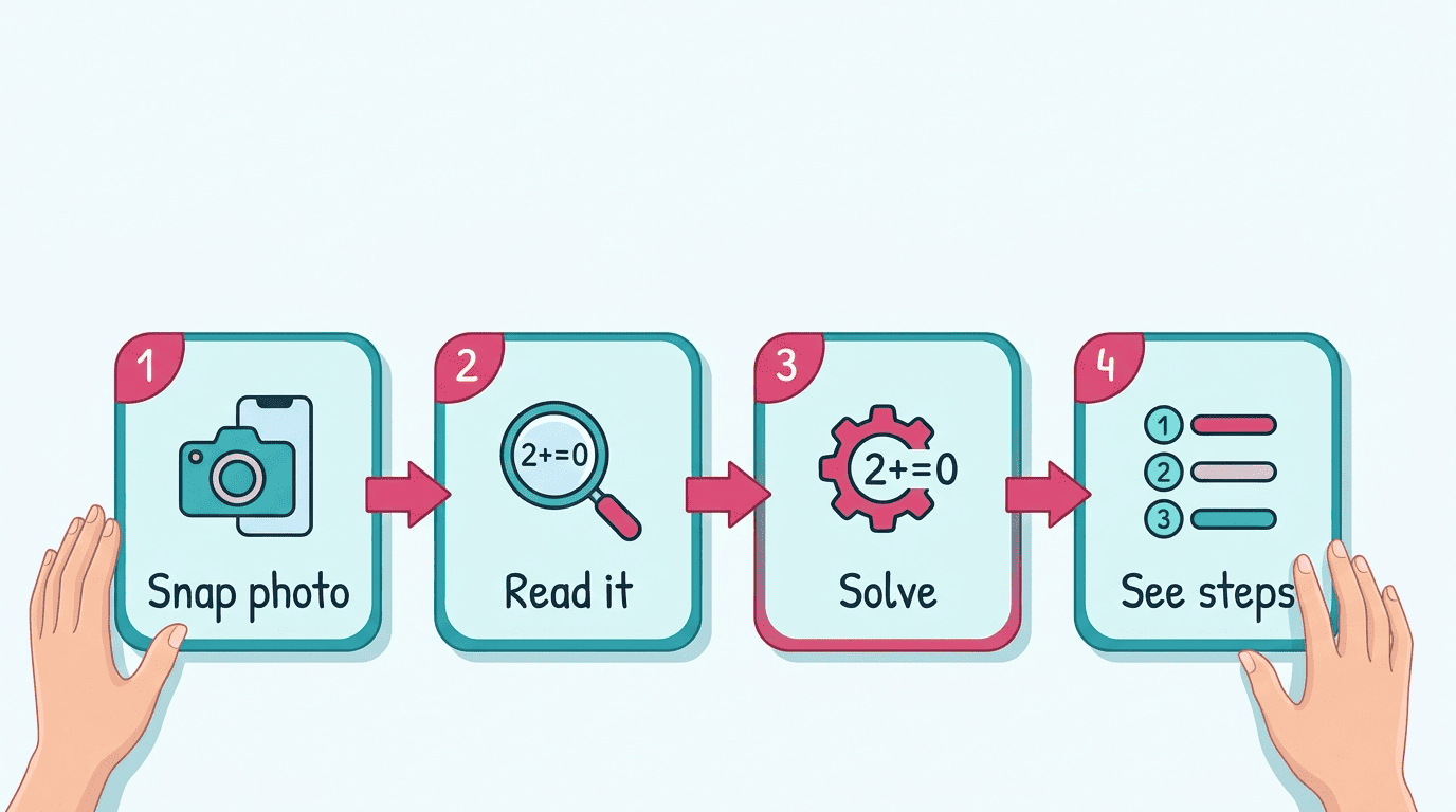 Four-step flow: snap photo, read it with OCR, solve, see steps