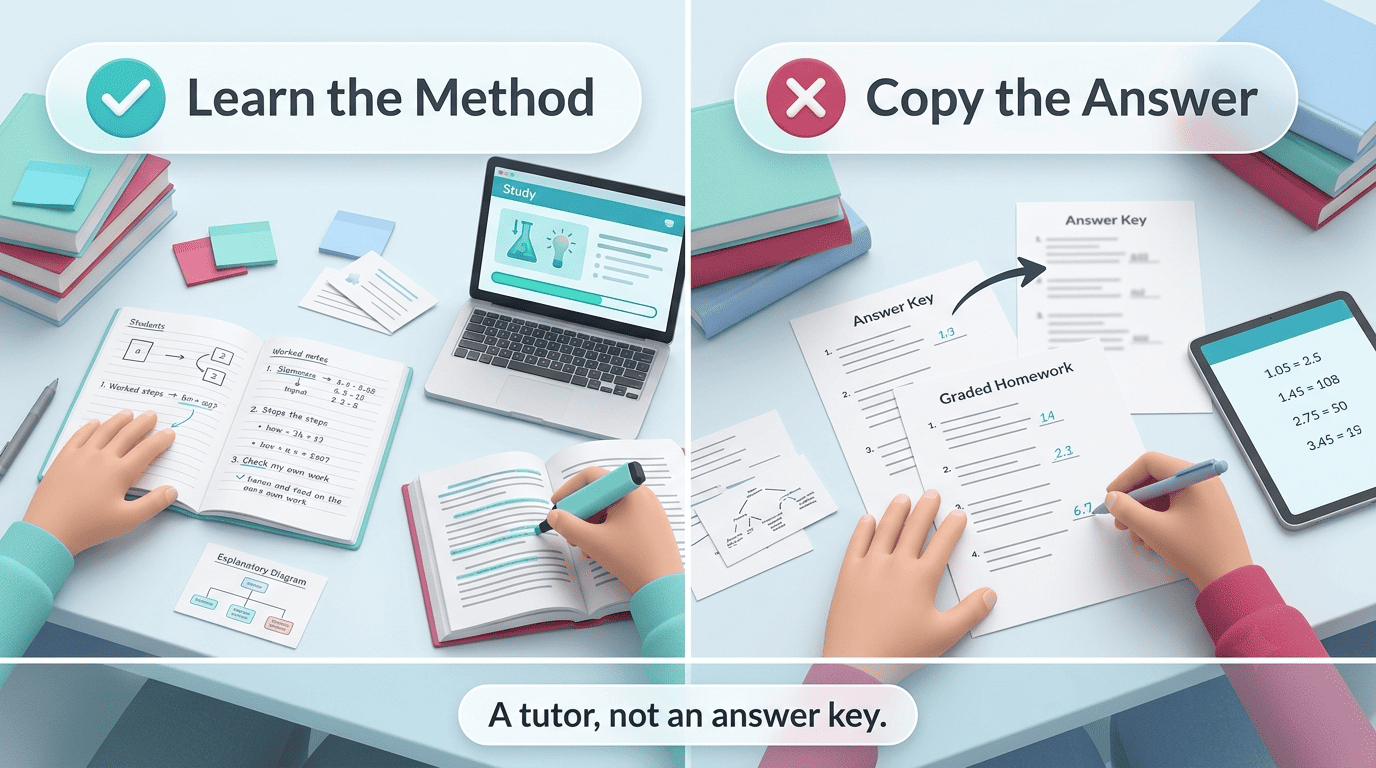Split comparison of learning the method versus copying the answer from an AI math solver