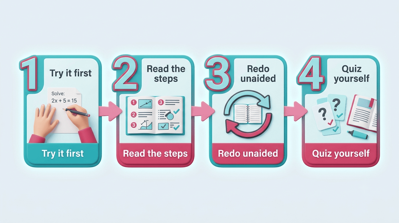 Four-step study workflow: try it first, read the steps, redo unaided, quiz yourself