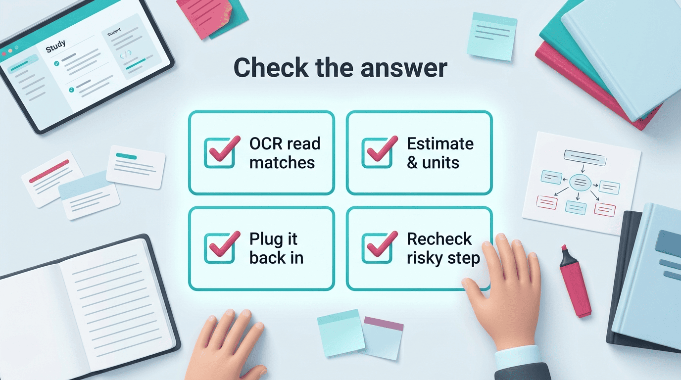 Answer-check checklist: OCR read matches, estimate and units, plug it back in, recheck risky step