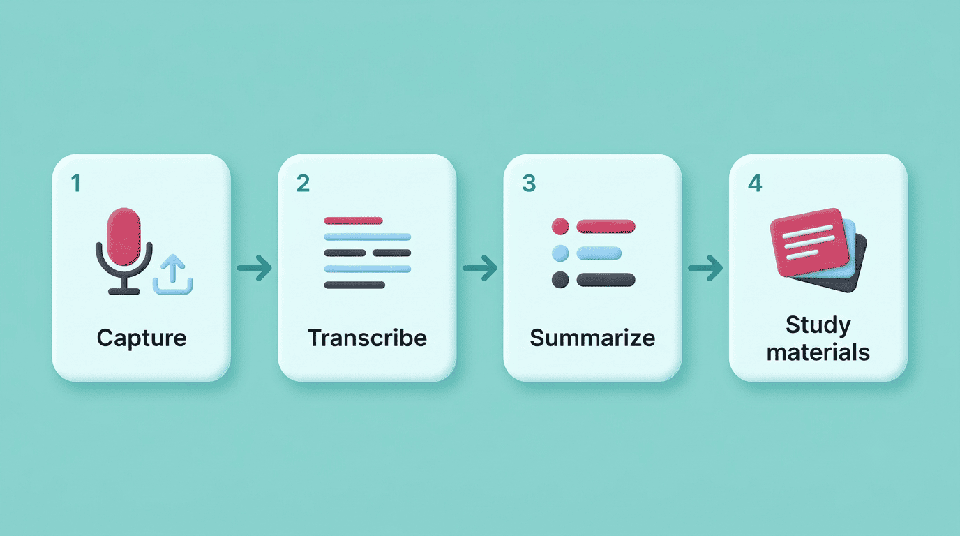 Four-step diagram of how an AI note taker works: capture, transcribe, summarize, generate study materials