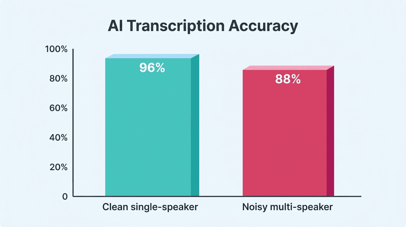 Bar chart of AI transcription accuracy: about 96% for clean single-speaker audio versus 88% for noisy multi-speaker audio