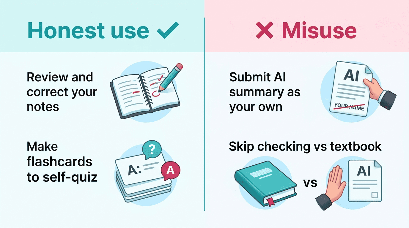 Split screen comparing honest use versus misuse of an AI note taker