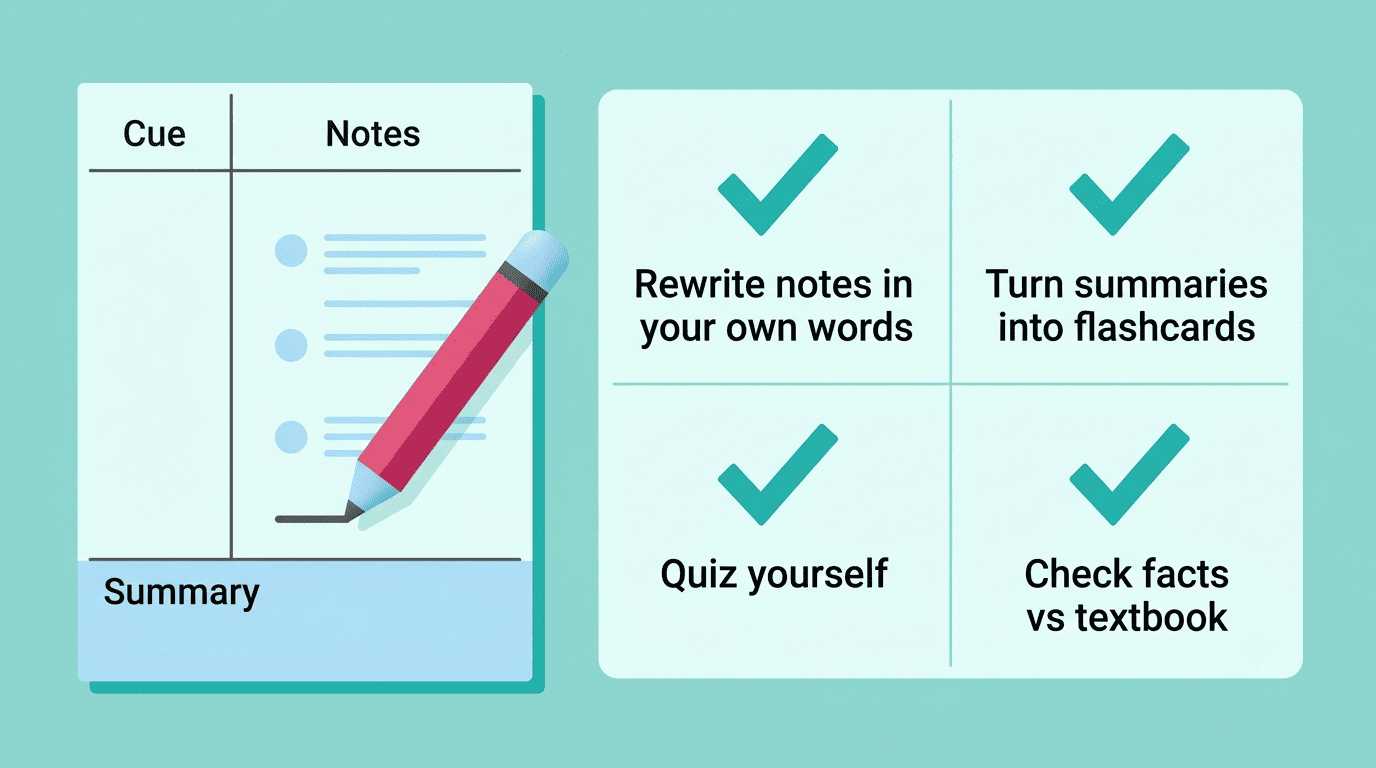 Cornell note layout with an active-recall checklist: rewrite notes, make flashcards, quiz yourself, check facts