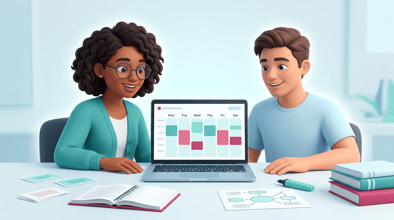 A tutor and student reviewing an AI-generated weekly study calendar on a laptop
