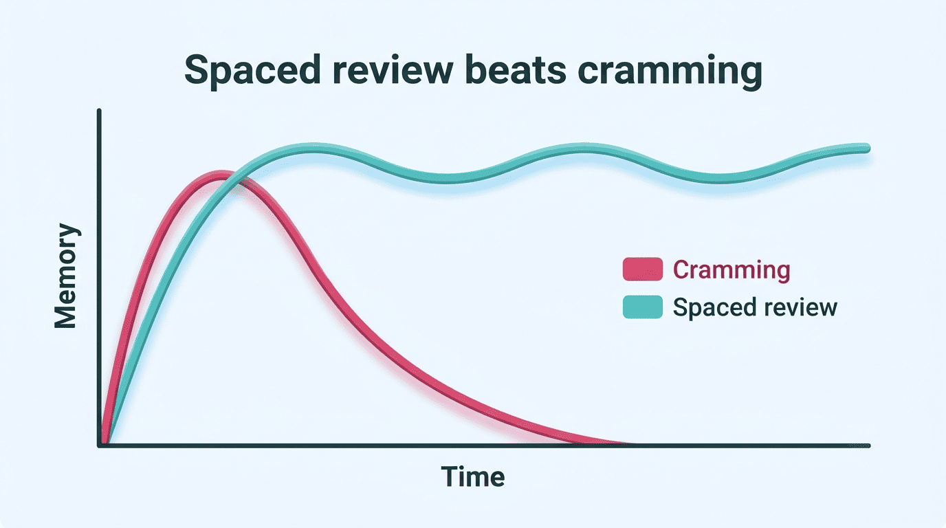 Line chart showing spaced review retaining memory over time while cramming fades