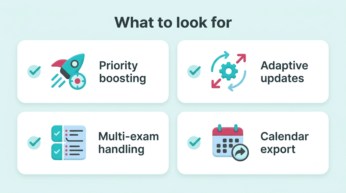Checklist of four planner features: priority boosting, adaptive updates, multi-exam handling, calendar export