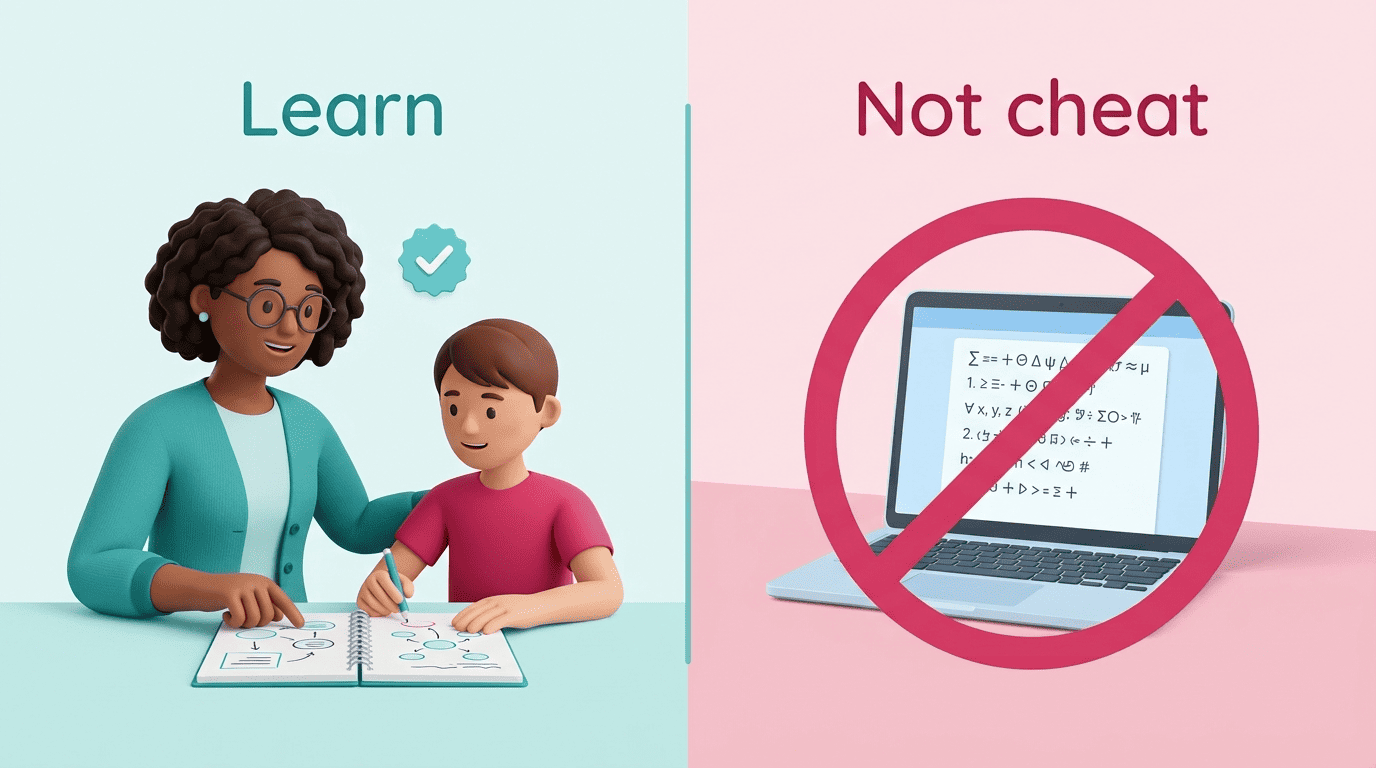 Split image: on the left a tutor helps a student learn; on the right an AI auto-doing homework is crossed out