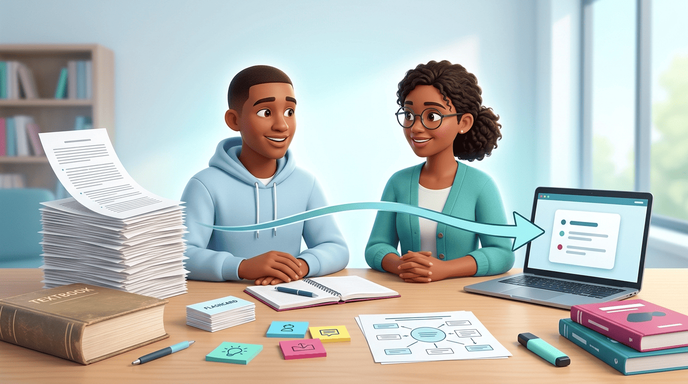 Tutor Nova and a student watching a stack of documents condense into a short bullet summary on a laptop
