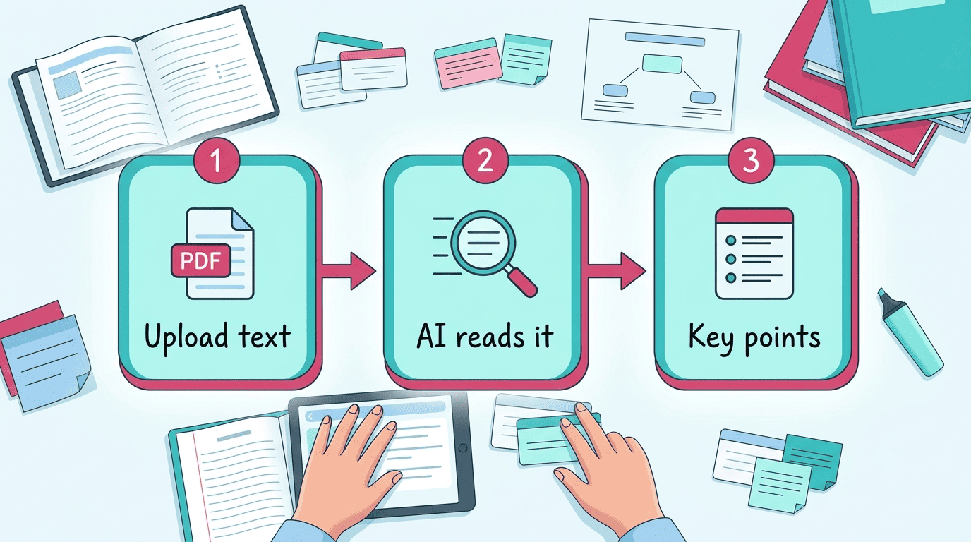 Three-step flow diagram: upload text, AI reads it, key points