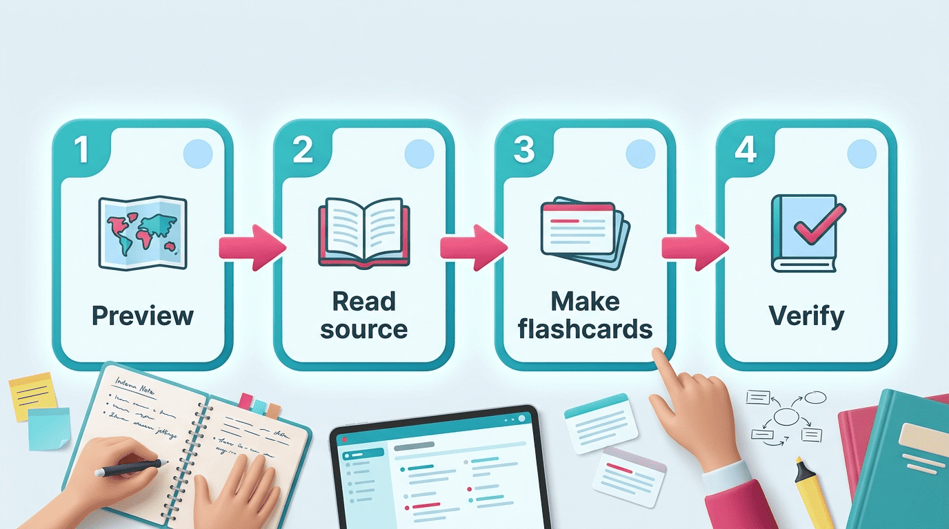 Four-step study workflow diagram: preview, read source, make flashcards, verify