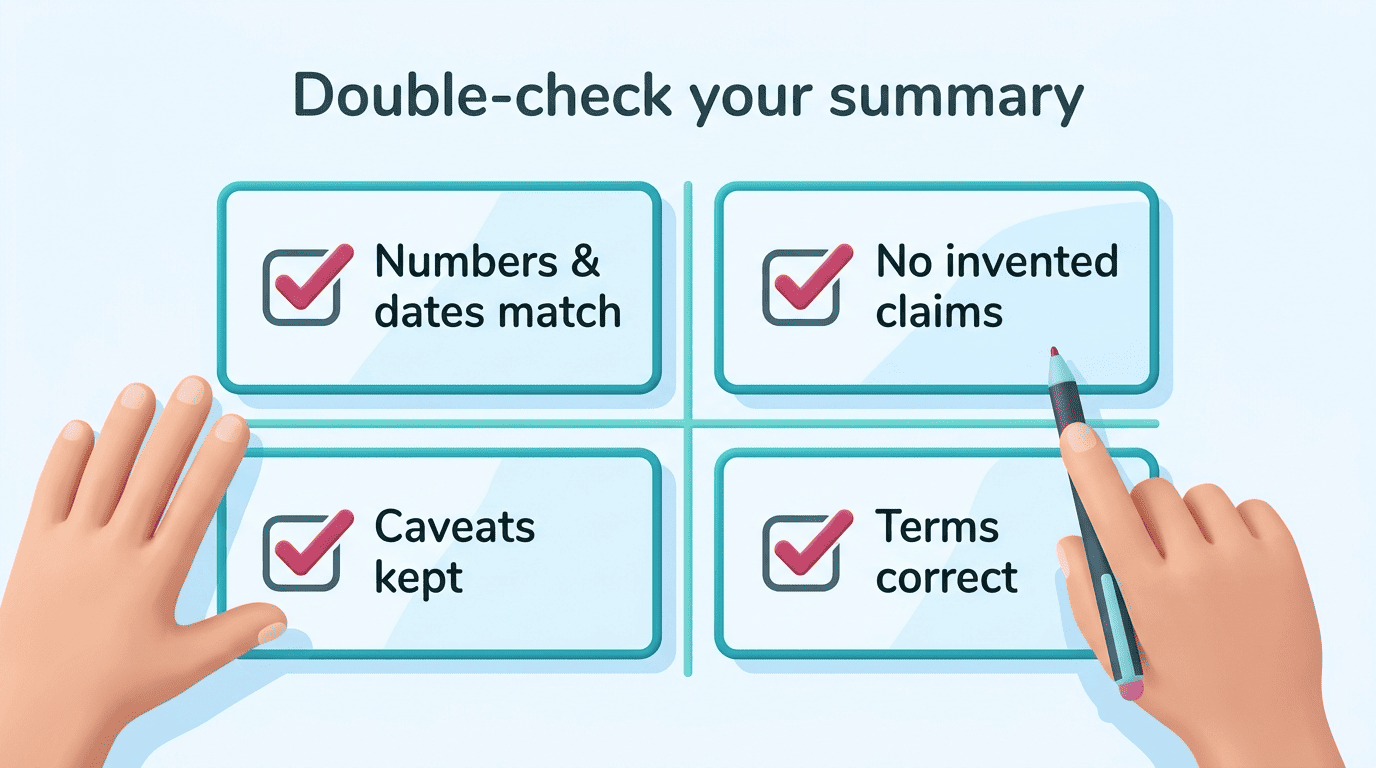 Two-by-two checklist for double-checking an AI summary against the source
