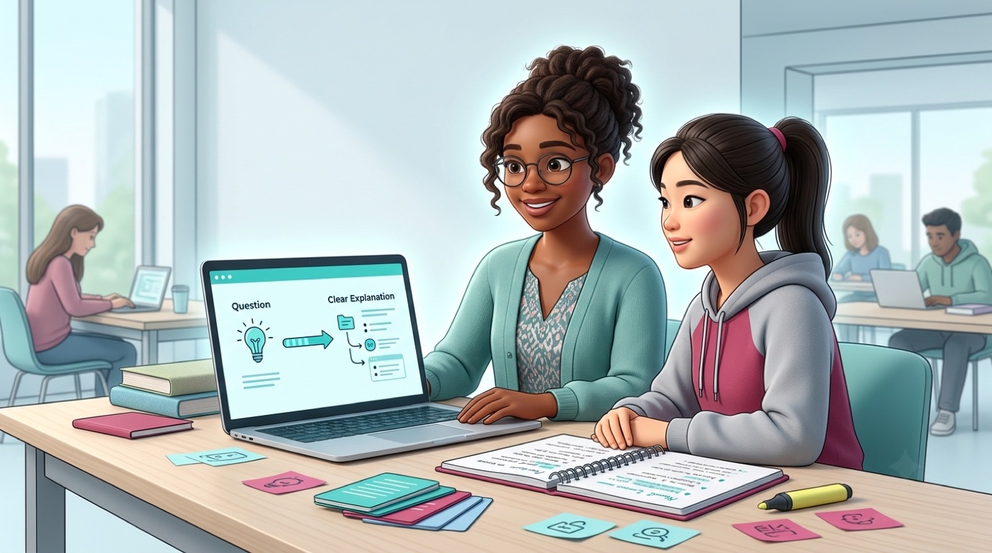 An AI study tool turning a question into a clear explanation, study notes, flashcards, and exam practice