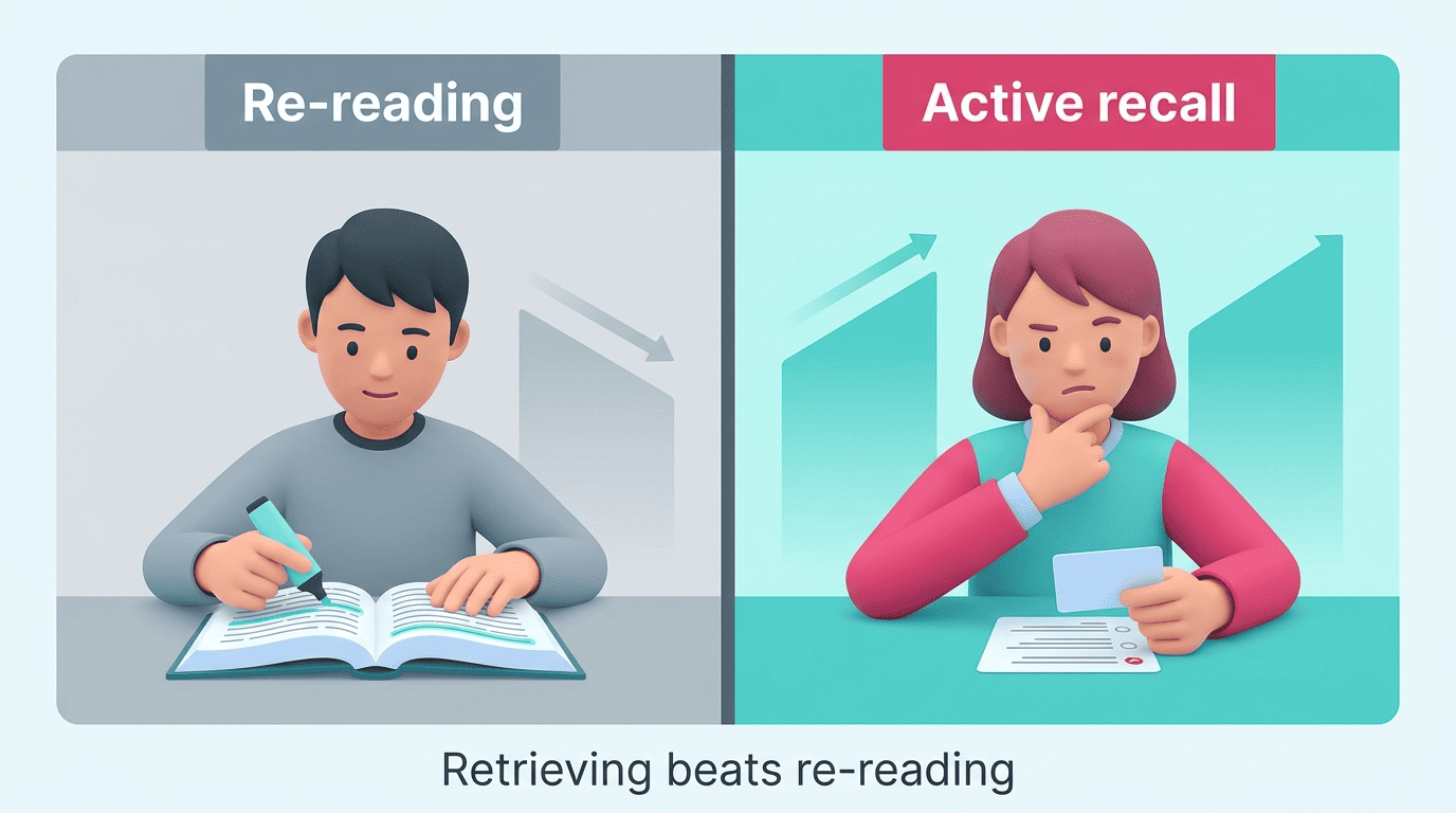 Comparison of passive re-reading versus active recall self-testing, with memory retention rising for recall