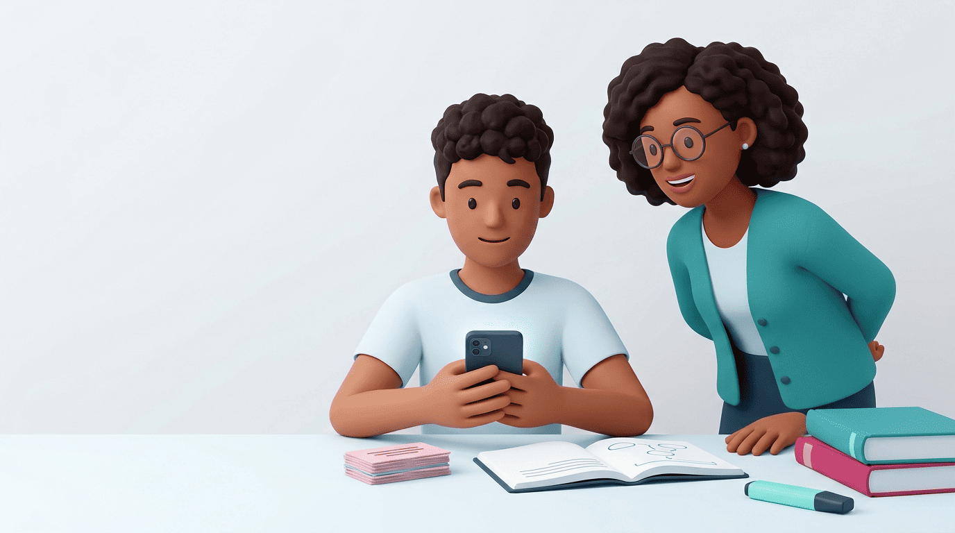 A student reviewing flashcards on a phone with a tutor, plus physical cards and a notebook