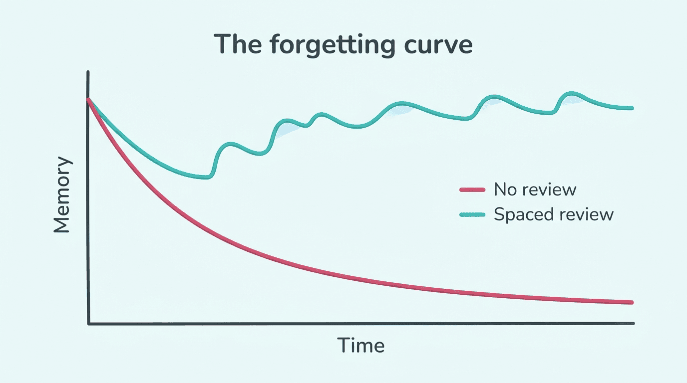Line chart of the forgetting curve: memory falls fast without review but stays high with spaced review