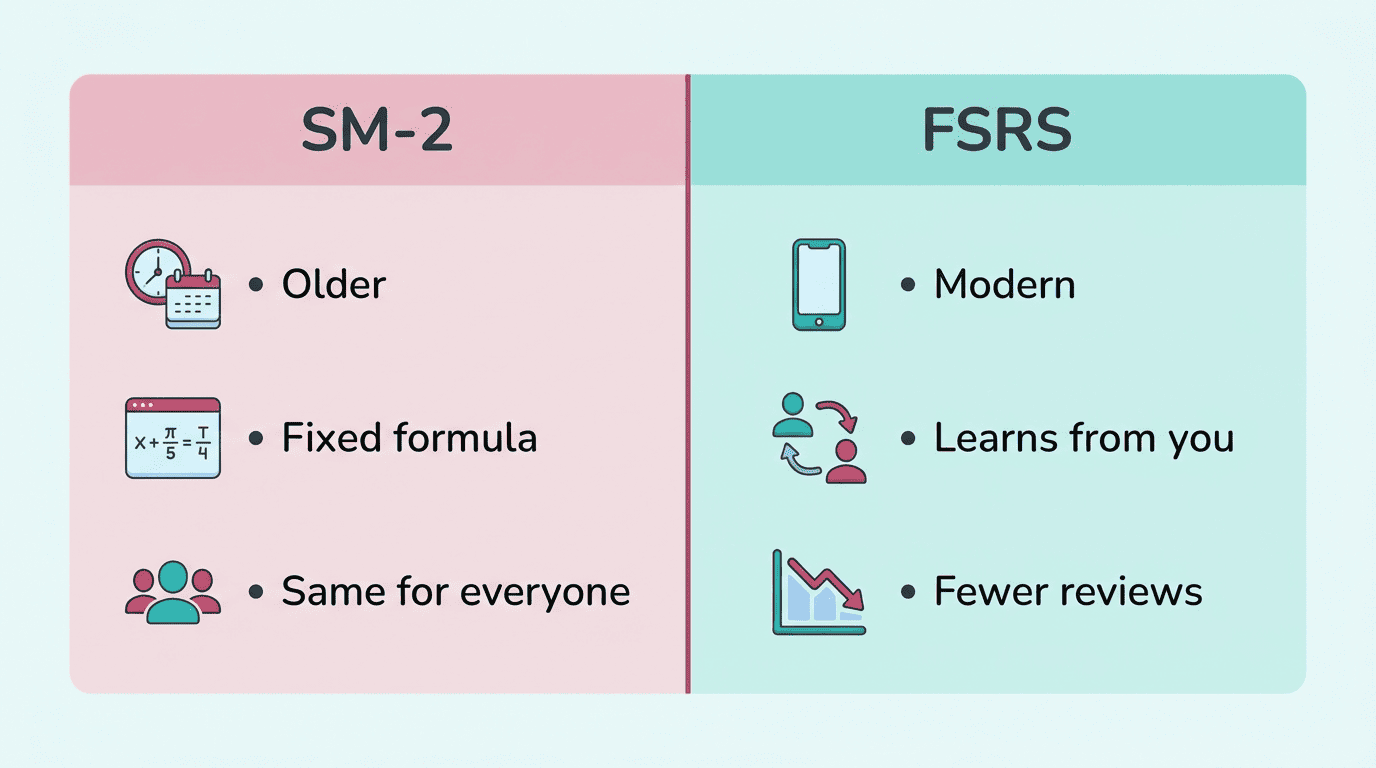 Comparison of SM-2 and FSRS algorithms: older fixed formula versus modern, personalized scheduling