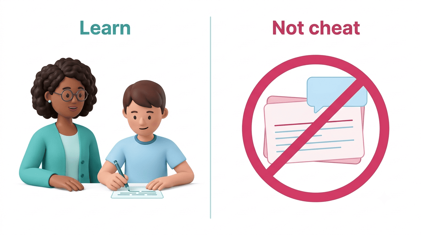 Split image: on the left a tutor helps a student write their own card; on the right blindly memorizing an auto-filled card is crossed out