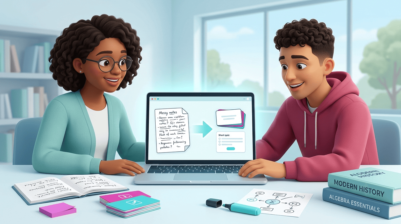 Tutor and student turning messy notes into AI-generated flashcards and a quiz on a laptop