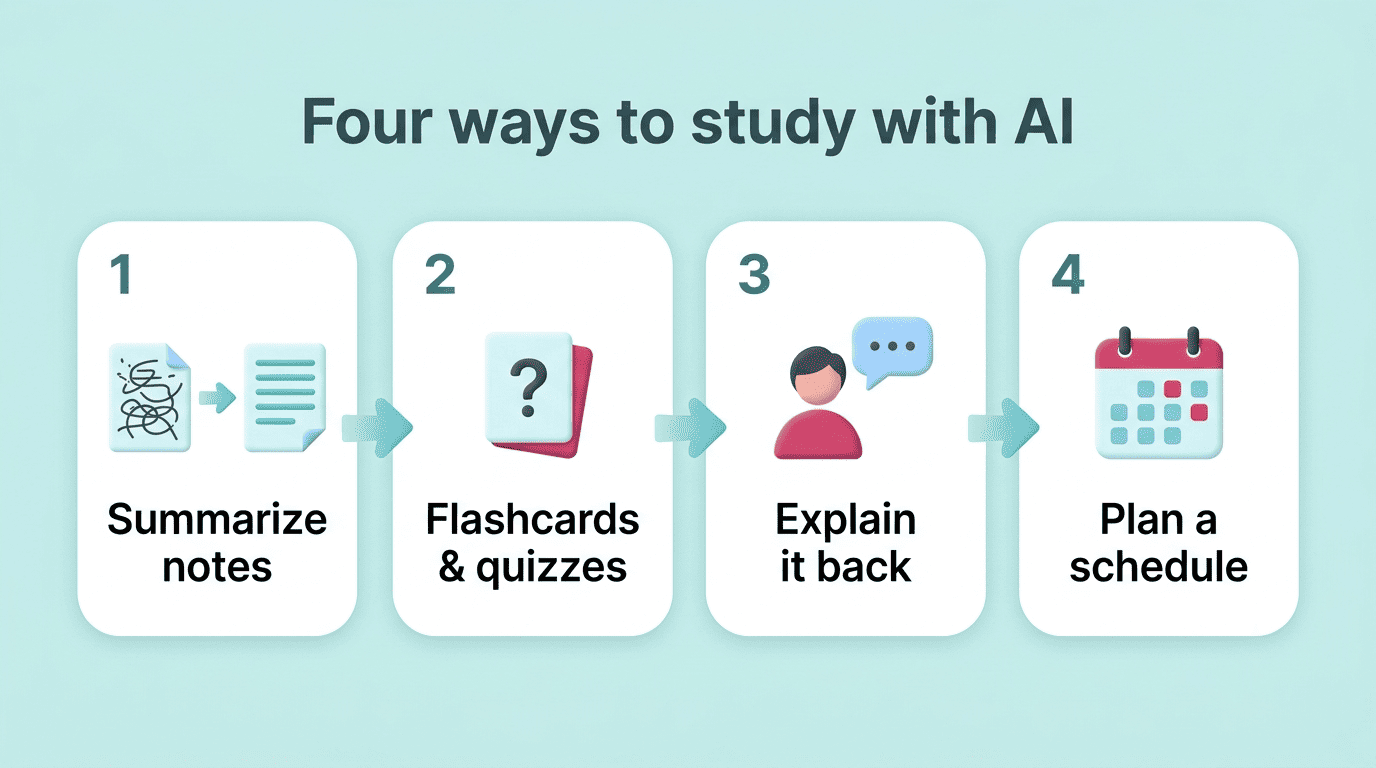 Infographic of four AI study methods: summarize notes, flashcards and quizzes, explain it back, plan a schedule