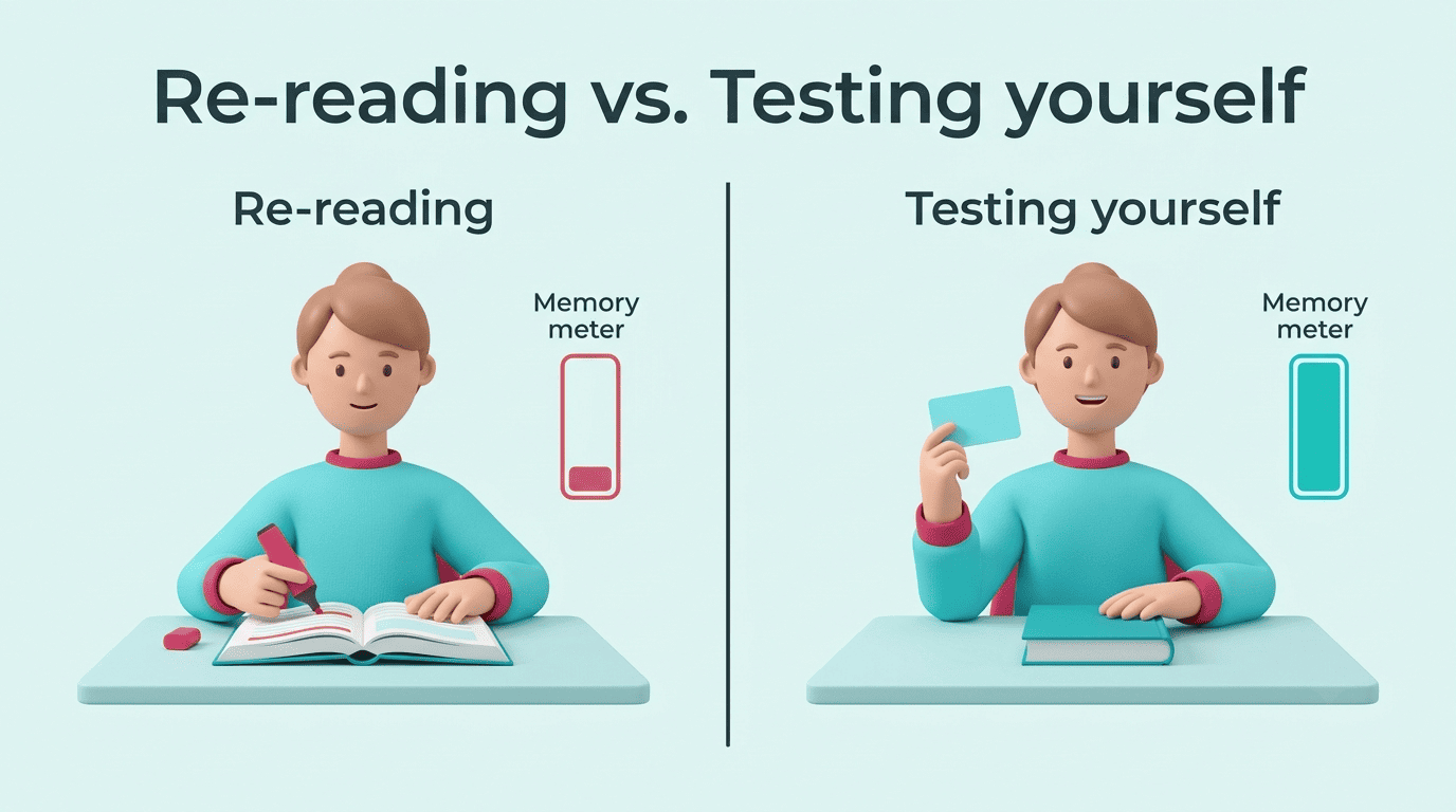 Comparison showing re-reading gives a weak memory meter while self-testing gives a full one