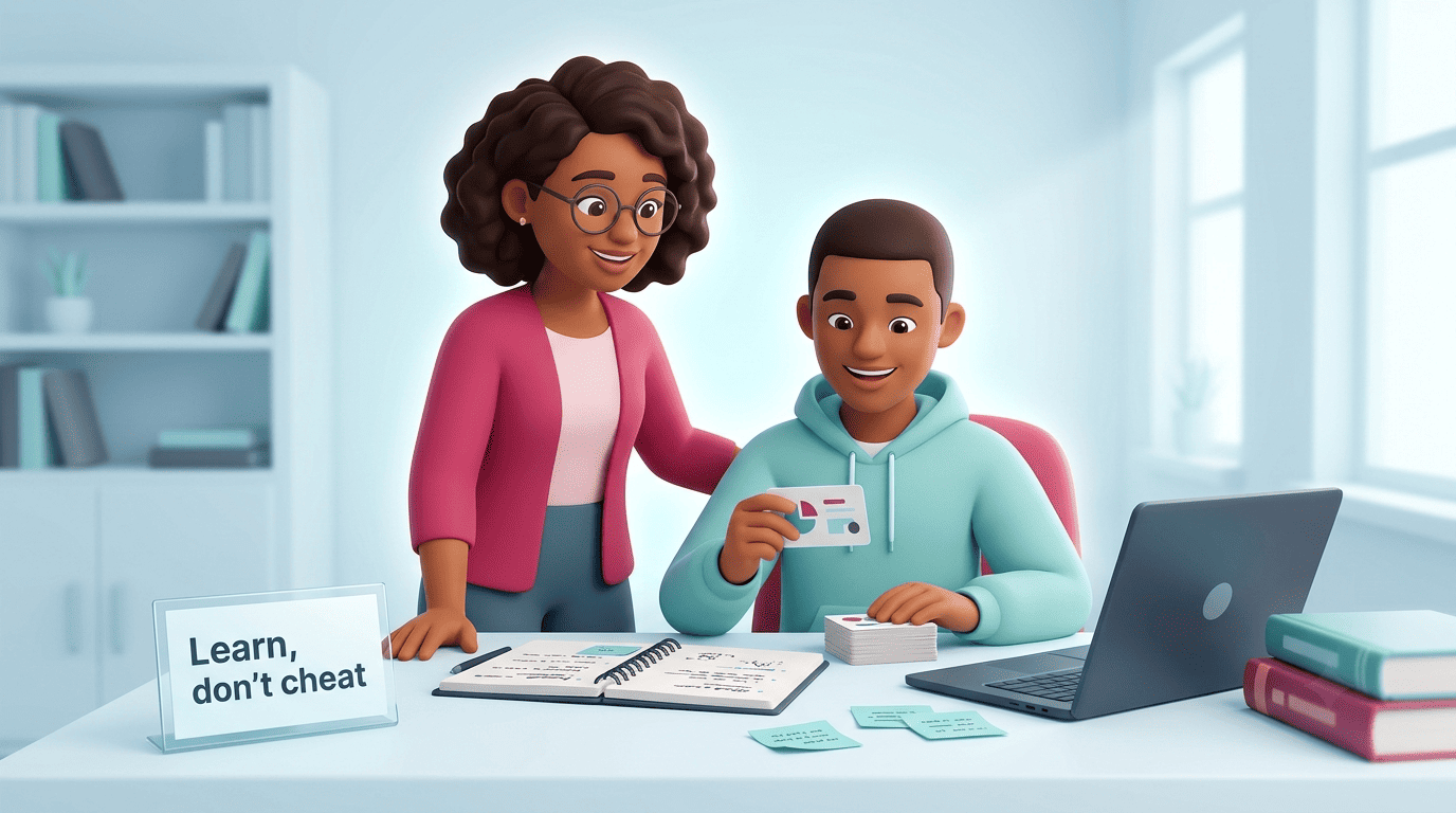 Tutor and student self-testing with flashcards beside a sign reading Learn, don't cheat